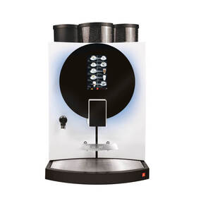 Moderne Kaffeevollautomat mit Touchdisplay und Bohnenbehältern für verschiedene Kaffeespezialitäten.