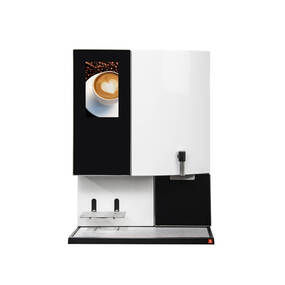 Moderne Kaffeevollautomat in Schwarz-Weiß mit Display und integriertem Milchaufschäumer.